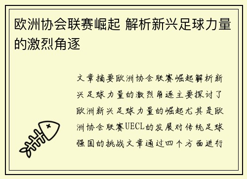 欧洲协会联赛崛起 解析新兴足球力量的激烈角逐