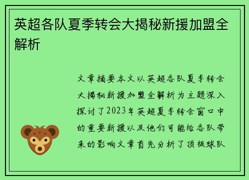 英超各队夏季转会大揭秘新援加盟全解析